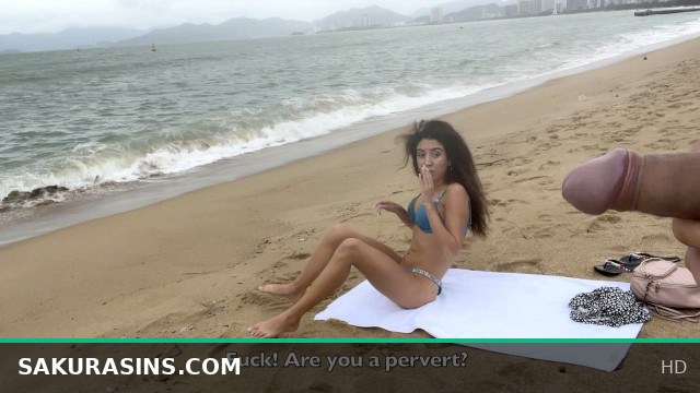 Babe, Can I Cum on Your Tits? Public Beach Cock Flashing with Hot Asian Babe